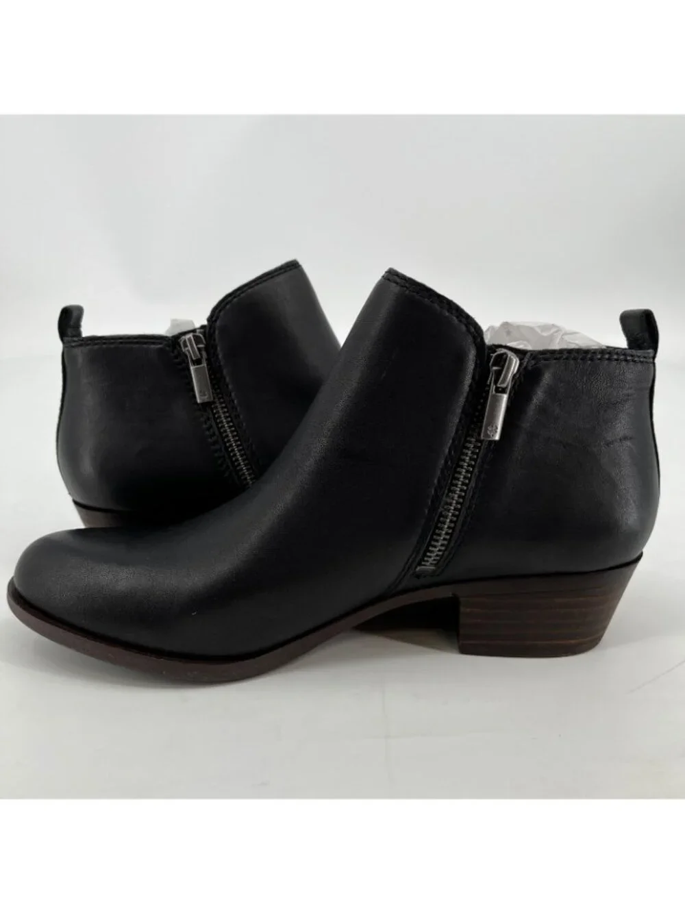Lucky Brand Basel Bootie Black Leather Size 8.5M Ankle Boots Dual Zip Block Heel